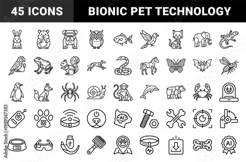 Robotic pets and cybernetic animal technology concepts. Technical monolinear icons featuring bionic creatures, AI hardware, and veterinary smart devices.