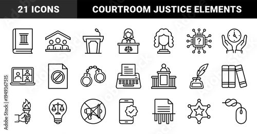 Legal and judicial system elements for law firm branding. Professional monoline pictograms featuring justice, courtroom procedure, and litigation concepts.