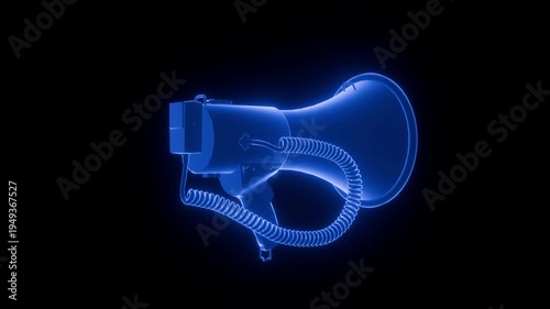 futuristic hologram megaphone wireframe rotating in digital space 3D render