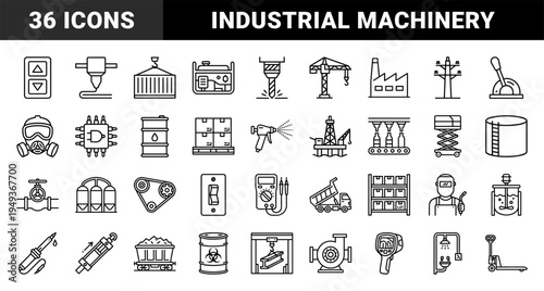 Heavy industry and manufacturing workflow elements for technical documentation. Robust monoline pictograms featuring factory automation and engineering concepts.