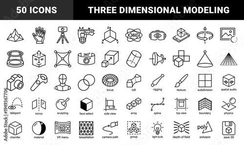 3D modeling and virtual reality development workspace elements. Technical monoline pictograms for computer graphics, CAD software, and metaverse design.