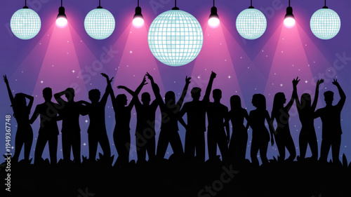 Silhouetted crowd dancing under colorful disco lights at a vibrant party with raised arms and a large mirror ball