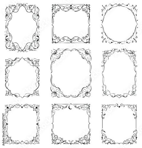  Decorative frames vector illustration with ornate swirls flourishes vintage classical borders square circular rectangular elegant artistic design