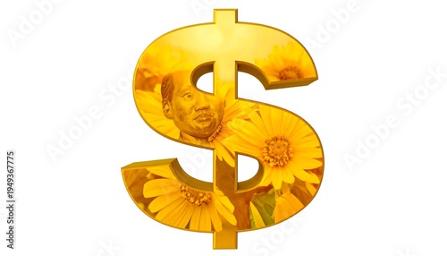 Golden dollar sign with an African-American figure and bright yellow flowers on a white background