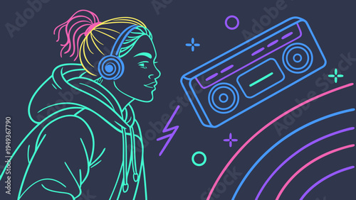 Neon Headphones Listener with Retro Cassette Music Line Art