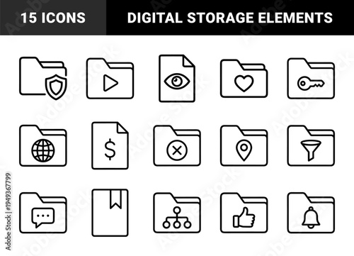 Data organization and digital file management system elements. Technical monoline pictograms for cloud storage, security, and document workflow.