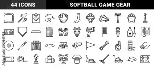 Baseball and softball athletic equipment for sports league branding. Technical monoline pictograms featuring stadium gear and team training essentials.