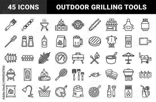 Outdoor grilling and backyard barbecue equipment for summer cookouts. Technical monoline icons featuring smokers, charcoal grills, and meat cuts.