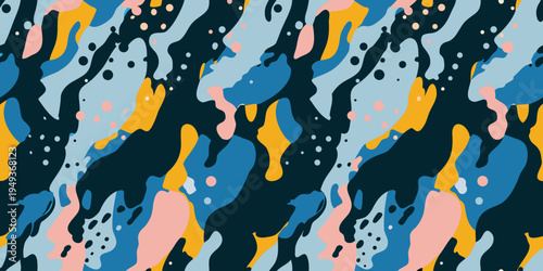 Abstract colorful pattern featuring organic shapes and playful color blocking