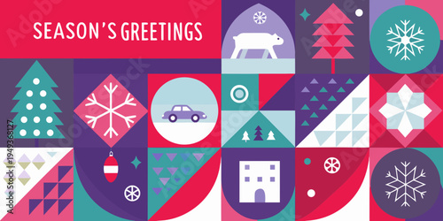 Festive season s greetings card featuring geometric shapes and winter scenes