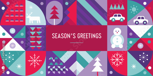 Festive geometric pattern featuring winter icons and holiday greetings