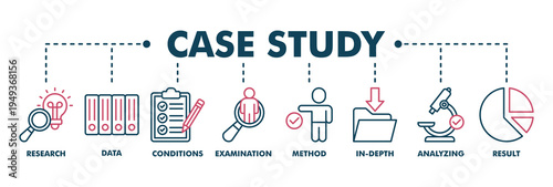 Case study banner web color vector illustration concept with icon of research, data, conditions, examination, method, in-depth, analyzing, and result