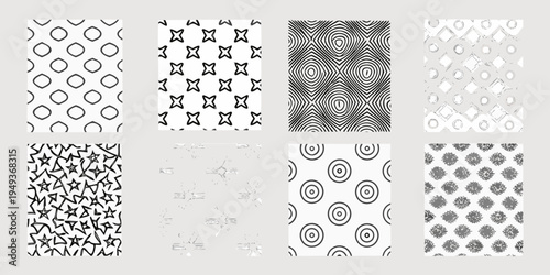 Collection of six black and white abstract geometric pattern tiles
