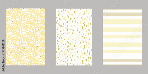 Three vertical panels with different yellow and white abstract patterns