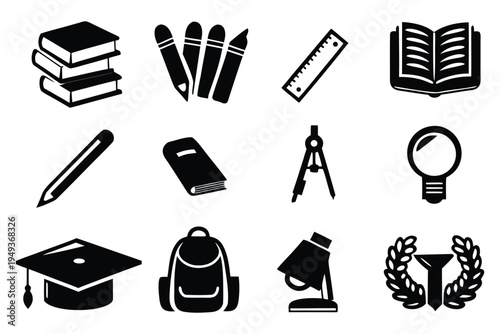 Black and white educational set with books pencils ruler backpack microscope and more
