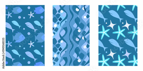 Three vertical panels displaying seamless aquatic patterns in shades of blue