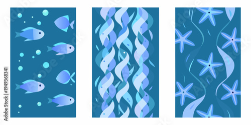 Three seamless patterns depicting underwater life in shades of blue