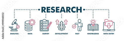 Research banner web color vector illustration concept with icon of analysis, data, survey, development, fact, knowledge and data entry