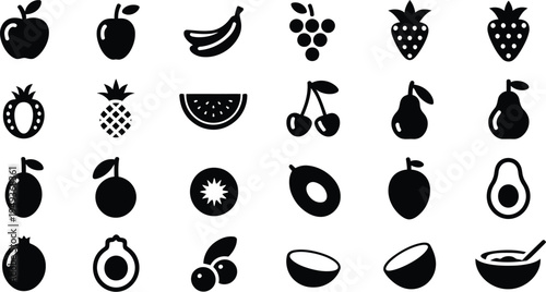 Fruit Silhouette Icons Flat Design Apple Berry Avocado Food Glyph Healthy Lifestyle Nutrition Organic Vegan Diet Fresh Natural Symbol Illustration