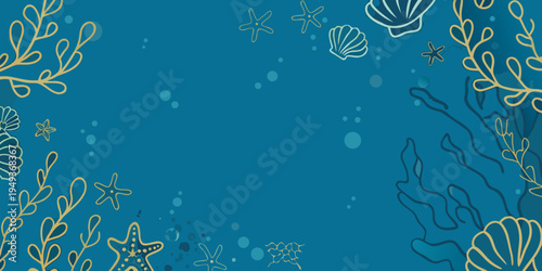 A teal background with delicate hand drawn marine life illustrations
