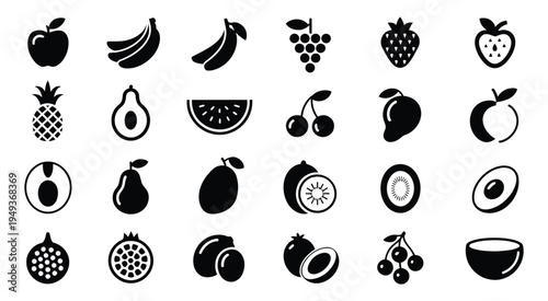Fruit Silhouette Icons Flat Design Apple Berry Avocado Food Glyph Healthy Lifestyle Nutrition Organic Vegan Diet Fresh Natural Symbol Set