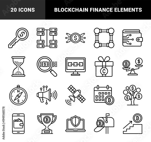 Cryptocurrency and digital finance ecosystem elements featuring blockchain security and investment growth in a technical monoline aesthetic.