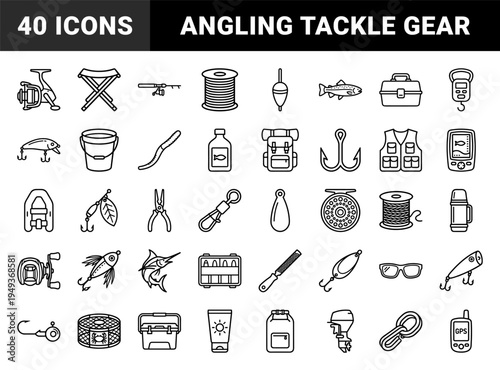 Outdoor fishing gear and angling equipment icons for wilderness recreation. Technical monoline pictograms featuring tackle, rods, and aquatic lures.