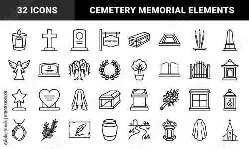 Funeral services and cemetery memorial elements for obituary design. Minimalist monoline pictograms featuring gravestones, mourning symbols, and burial assets.