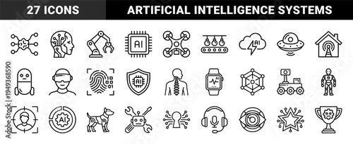 Artificial intelligence and future robotics technology symbols for digital transformation. Technical monoline pictograms featuring machine learning and automation concepts.