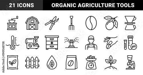 Sustainable coffee production and organic farming elements featuring agricultural tools and roasting equipment. Monoline technical icons for smart agronomy.