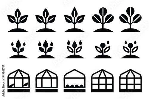 Black and white plant growth and greenhouse set