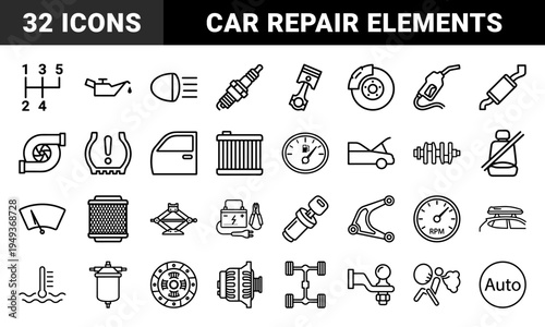 Automotive engineering and vehicle maintenance technical monoline elements. Professional bold line pictograms for car repair and mechanical diagnostics.