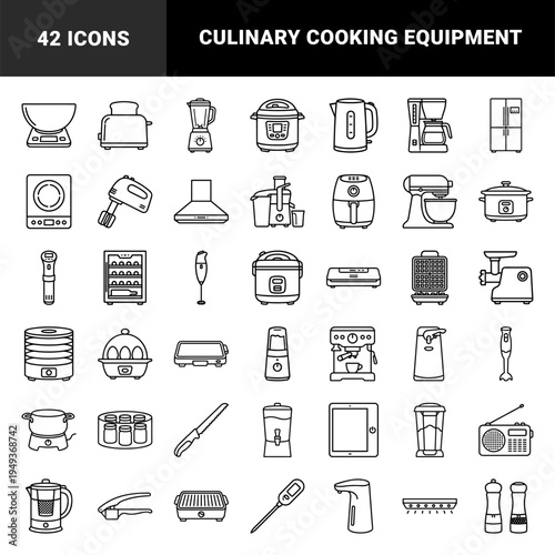 Kitchen appliances and culinary tools for home cooking and restaurant menus. Monolinear black and white technical line art pictograms.