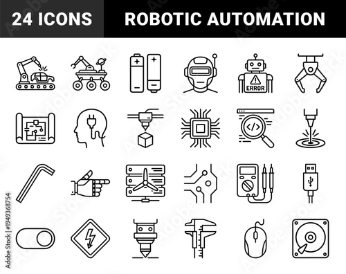 Robotics and industrial engineering technical pictograms for manufacturing automation. Monoline geometric symbols featuring mechanical arms and electronics.