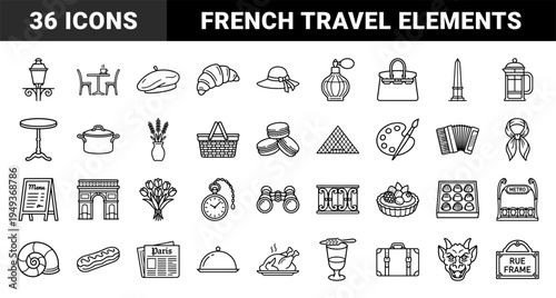 Parisian travel and French culture elements for tourism branding. Minimalist monoline pictograms featuring landmarks, gourmet cuisine, and lifestyle symbols.