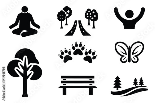 Black and white set depicting meditation nature and outdoor activities