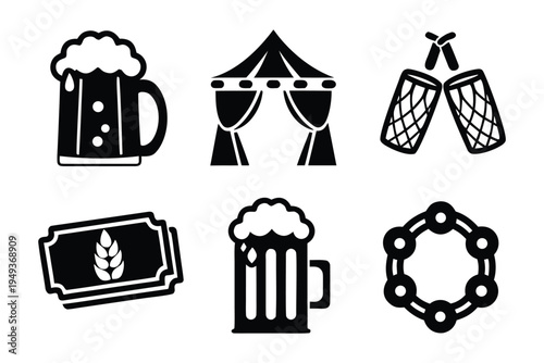 Black and white set featuring beer festival including mugs tent tickets and coasters
