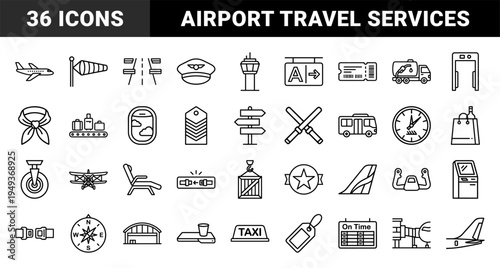 Aviation and airport logistics elements for travel industry branding. Monoline black and white pictograms featuring flight safety and terminal services.