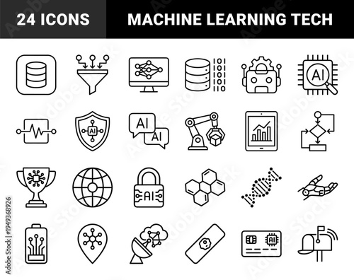Artificial intelligence and machine learning technology elements for data science. Technical monoline pictograms with chunky geometric aesthetic.