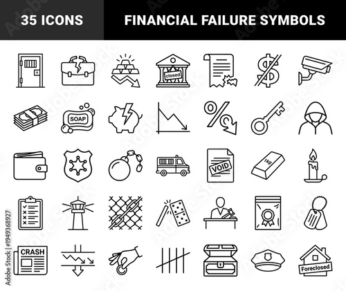 Financial crisis and economic downturn monochrome pictograms. Technical monoline graphics featuring bankruptcy, inflation, and legal consequences.