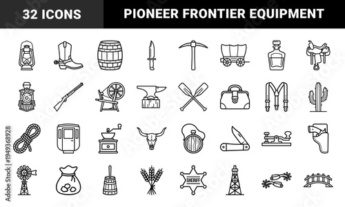 Wild West frontier life and pioneer equipment pictograms. Rustic monoline aesthetic featuring vintage cowboy gear, locomotive, and gold rush mining tools.