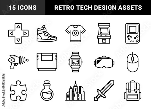 Retro gaming and digital culture monoline elements for interface design. Geometric line art featuring arcade cabinets, handheld consoles, and virtual reality gear.