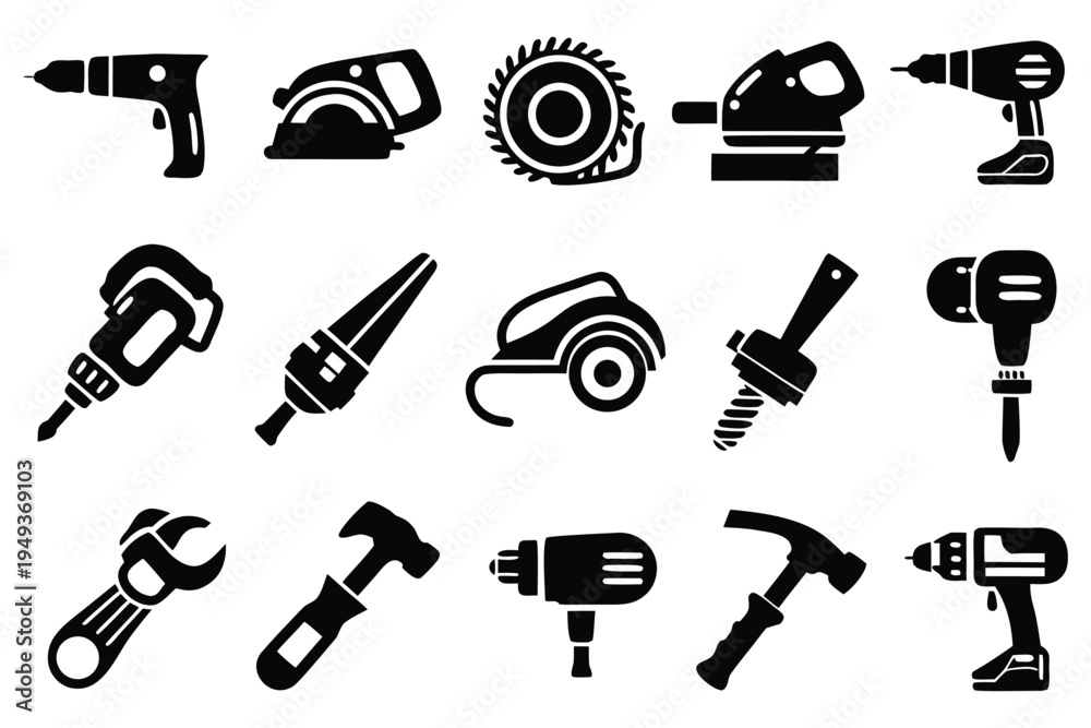 Fototapeta premium Black and white set of fifteen different power tools and hand tools