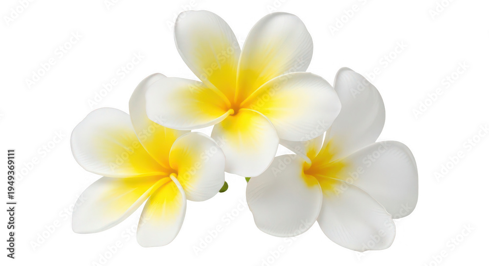 Fototapeta premium Three white frangipani flowers with yellow centers on transparent background