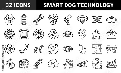 Robotic pet technology and smart canine care monoline symbols. Technical line art featuring cybernetic dogs, tracking sensors, and AI training.