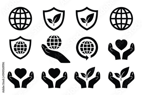 Black and white set of global environmental and humanitarian symbols