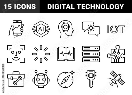 Artificial intelligence and digital transformation symbols for technical documentation. Clean monolinear icons featuring neural processing and connectivity.