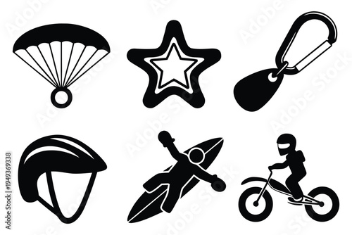 Black and white set of parachute star carabiner helmet snowboarder motorcyclist