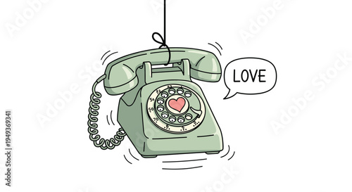 Retro rotary telephone hanging from a string featuring a heart on the dial and a speech bubble saying love for romantic communication.