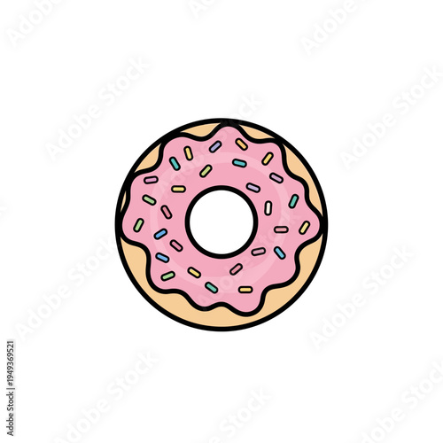 Pink frosted donut with sprinkles.